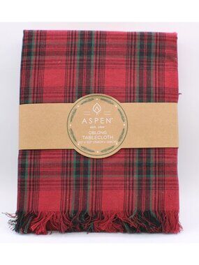 NEW Aspen Oblong Rectangular Tablecloth 60x102" Red Blk Green Plaid Fringe Edge